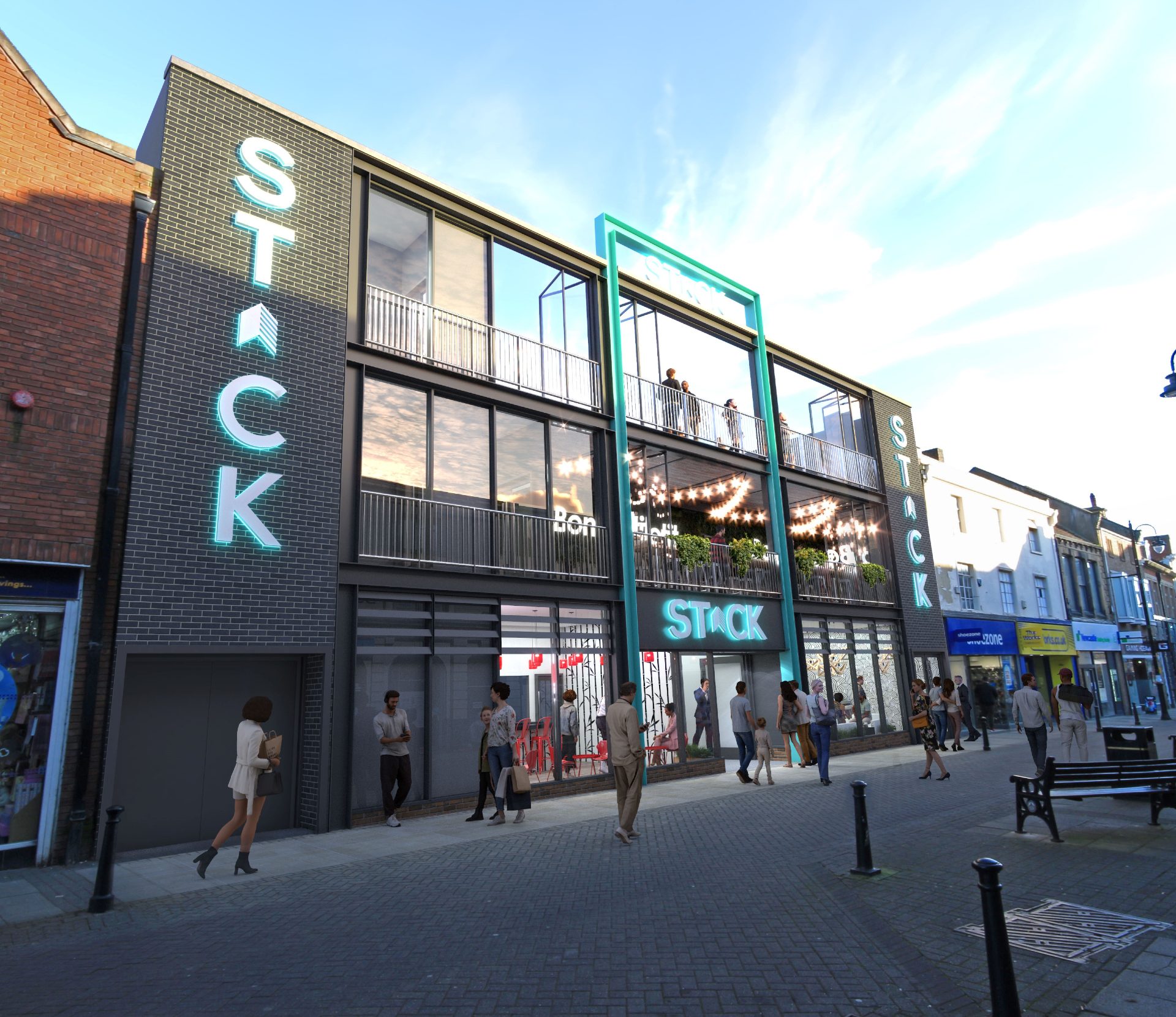 CGI image of what STACK will look like on Newgate Street. Neon blue writing down one wall and neon writing above the door, both saying STACK. image of three story building in brown brick