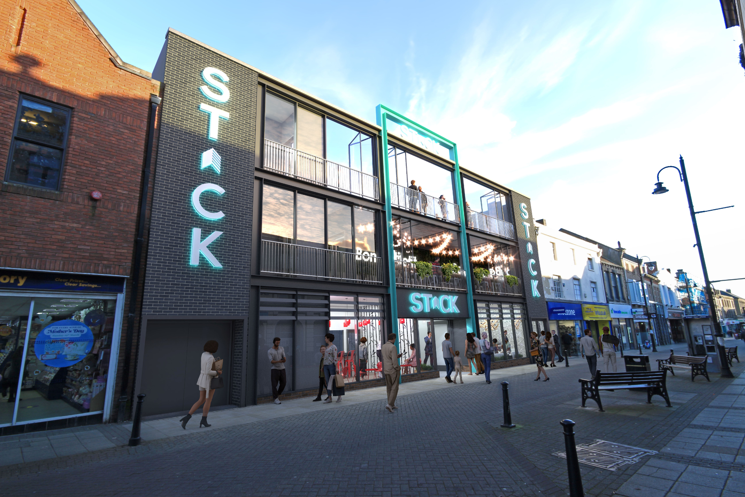 CGI image of what STACK will look like on Newgate Street. Neon blue writing down one wall and neon writing above the door, both saying STACK. image of three story building in brown brick