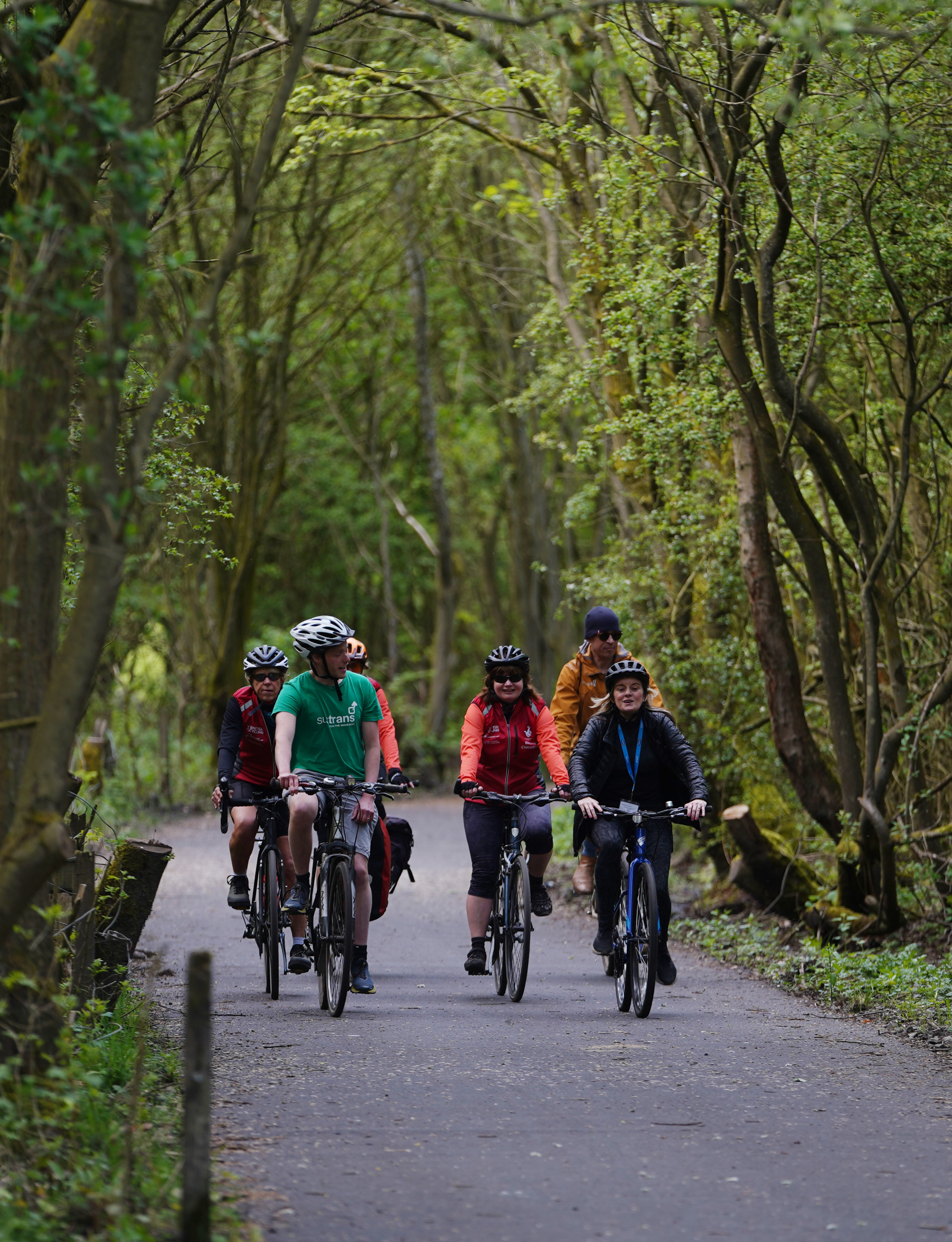 Group of cyclists going along a track surrounded by trees