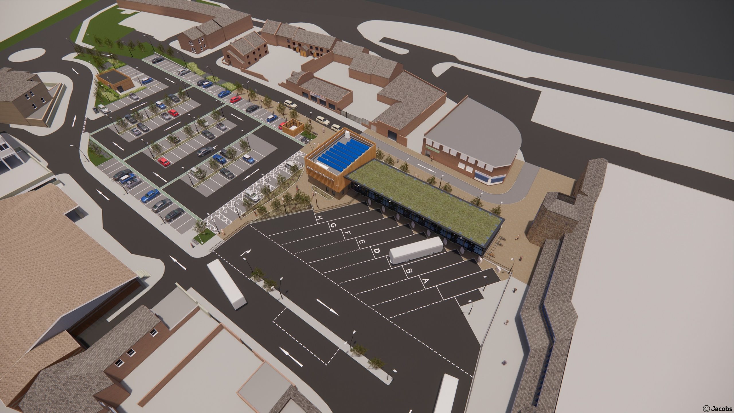 Aerial view of the proposed bishop auckland bus station. Building with green roof and bus parking spaces at the front.