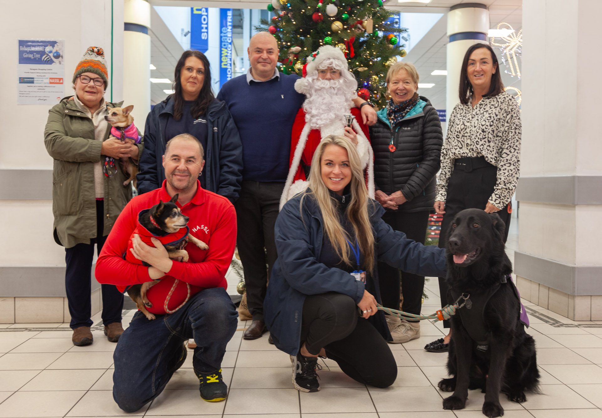 Group shot of people which includes Pauline Wilson from NASSL Pet Charity with NASSL dog Fawn, Claire Burke-Goulbourn from Cornerstone, Andrew Lee, Newgate Shopping Centre Manager standing with Santa Claus, Jennie Thomas and Debbie Richardson from Woodhouse Community Centre and Church Front row: Lee, a representative from NASSL Pet Charity with NASSL dog Poppy, and Nicky Morson from Cornerstone with Bob the Therapy Dog celebrating the launch of the Giving Tree initiative.