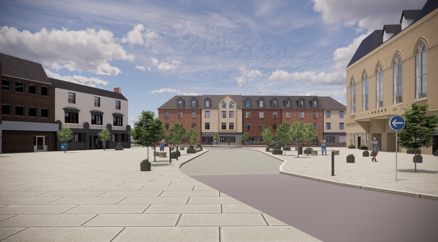 Front view of proposed design for the North Side Hotel at Bishop Auckland Market Place showing a long brown brick building with white render on one part of it.